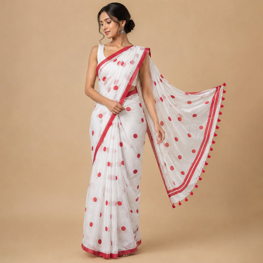 Off White Polka Dot Handcrafted Lightweight Mull Cotton Saree