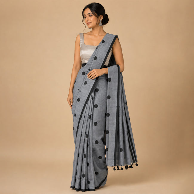 Grey Polka Dot Handcrafted Lightweight Mul Cotton Saree