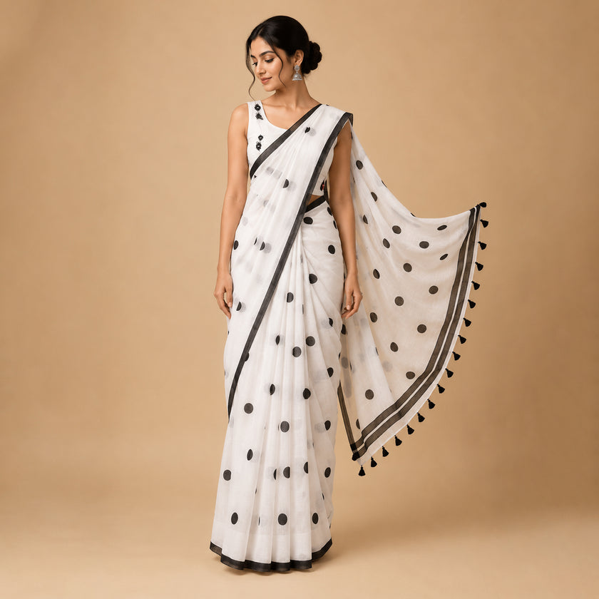 White Polka Dot Handcrafted Lightweight Mull Cotton Saree