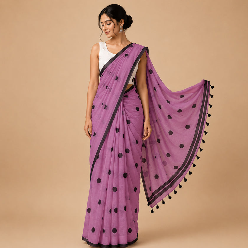 Magenta Polka Dot Handcrafted Lightweight Mull Cotton Saree