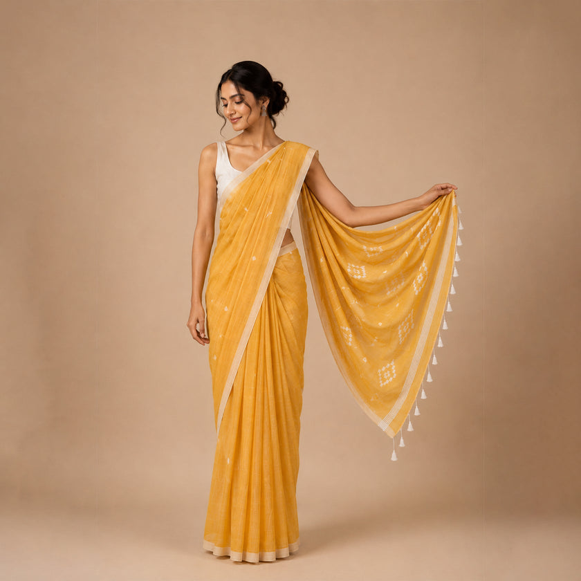 Yellow Maku Butty Handloom Lightweight Handwoven Mul Cotton Saree