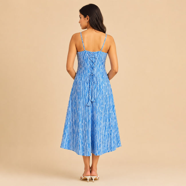 White Hand block Printed Cotton Sleeveless Dress