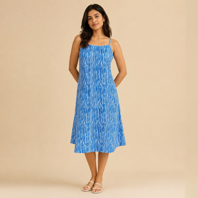 White Hand block Printed Cotton Sleeveless Dress