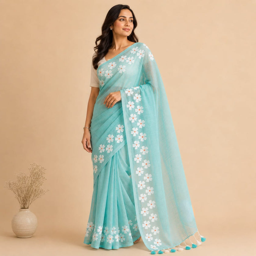 Small Daisy Flower Border Hand Painted Mul Cotton Saree - Without Blouse