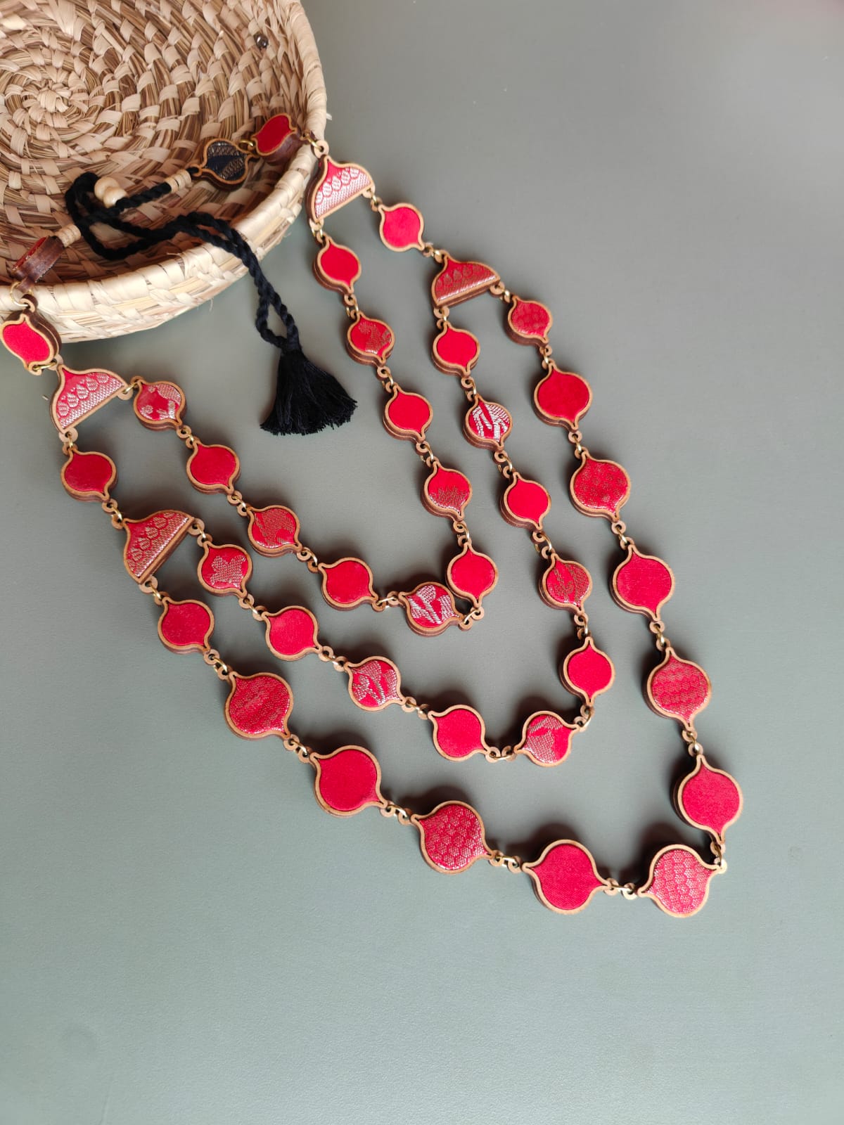 WHE layered Festive Repurposed Fabric and Wood Necklace