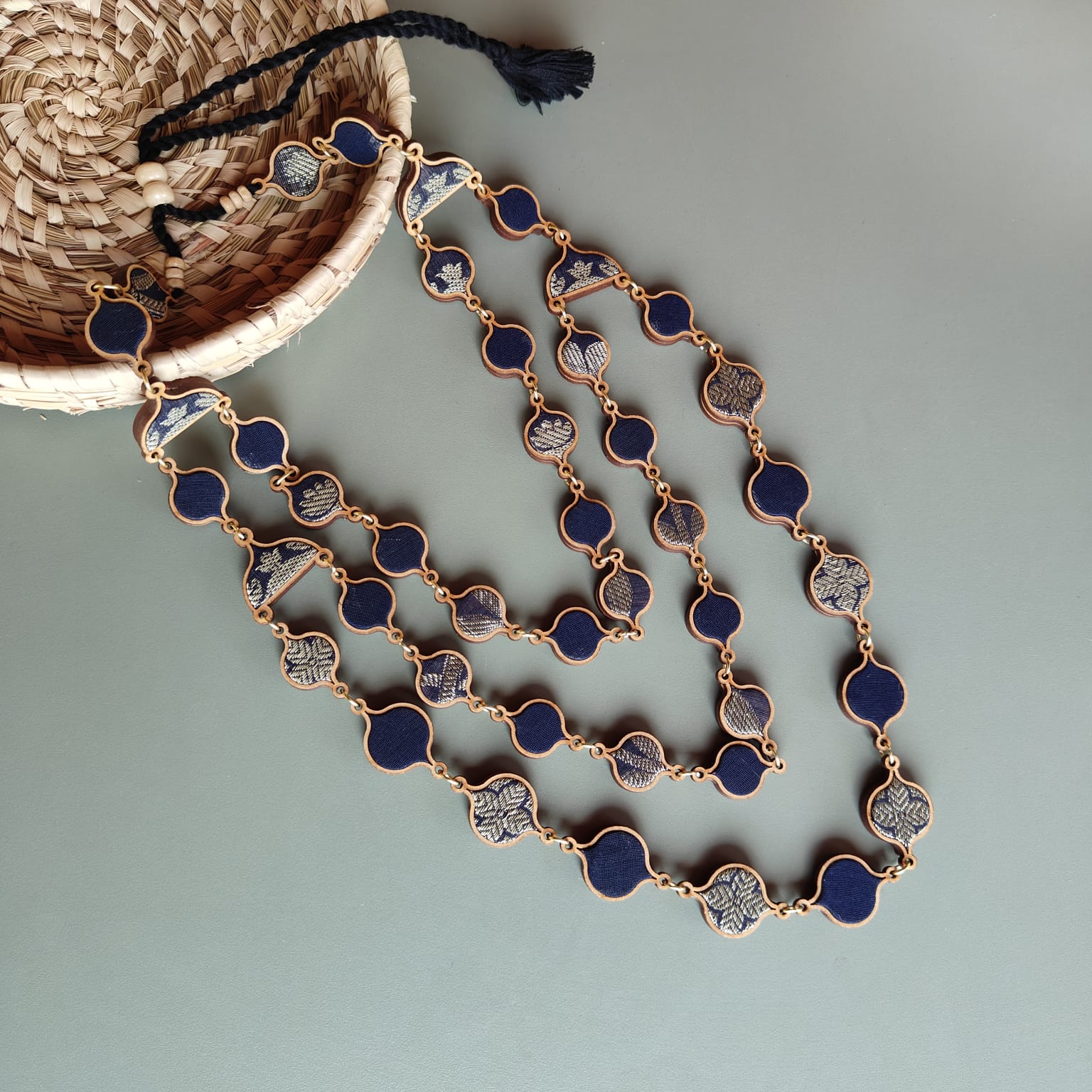 WHE layered Festive Repurposed Fabric and Wood Necklace