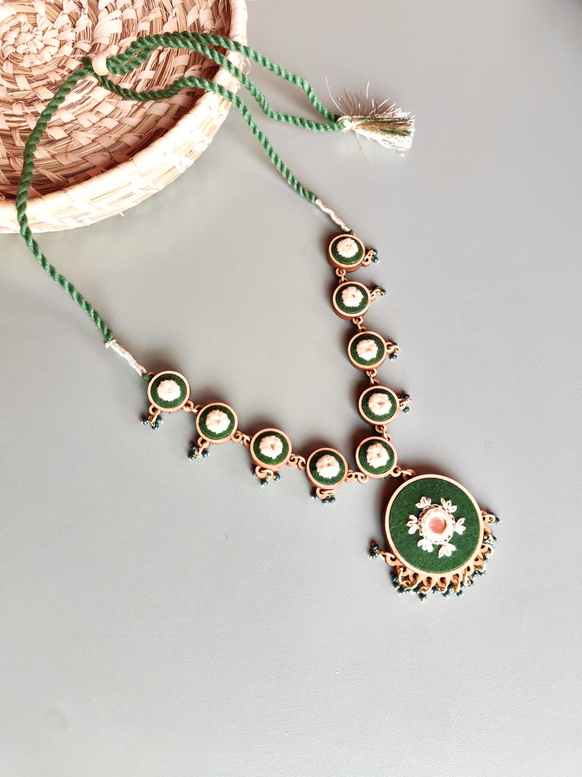 WHE Green Embroidered Festive Repurposed Fabric and Wood Choker