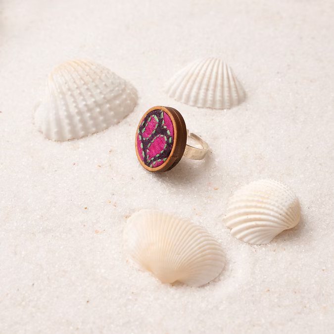 Repurposed Silk Fabric and Wood Ring