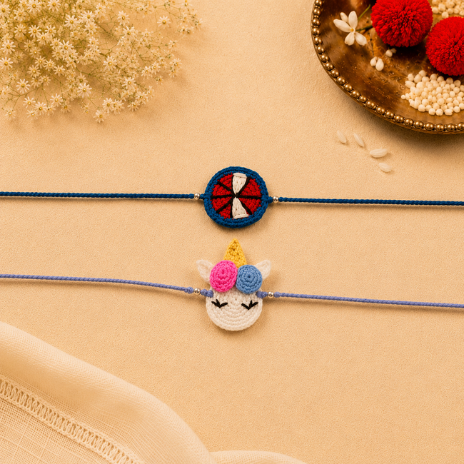 Whe Set of 2 Handmade Crochet Unicorn & Spider-Man Rakhi Combo