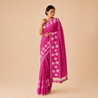 Pink Small Daisy Flower Border Hand Painted Mul Cotton Saree with Pink Tassels - Without Blouse