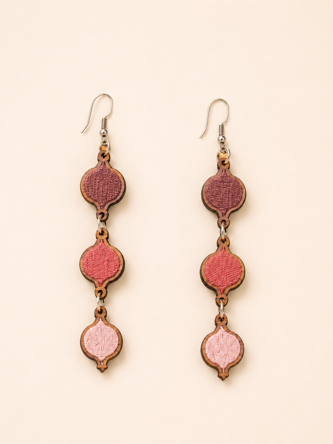 WHE Shades of Pink Repurposed Fabric and Wood Danglers