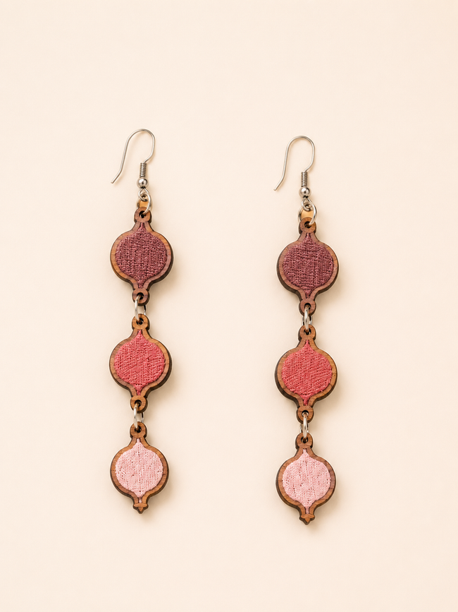 WHE Shades of Pink Repurposed Fabric and Wood Danglers