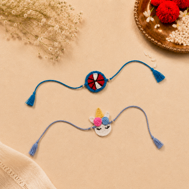 Whe Set of 2 Handmade Crochet Unicorn & Spider-Man Rakhi Combo