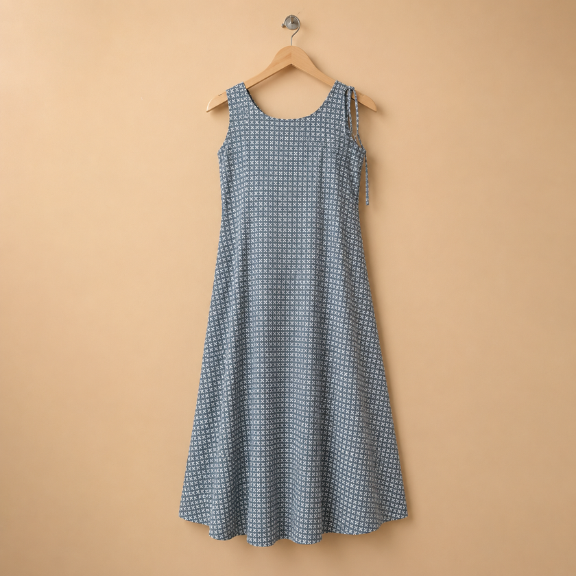 White Handblock Printed Cotton Sleeveless Dress