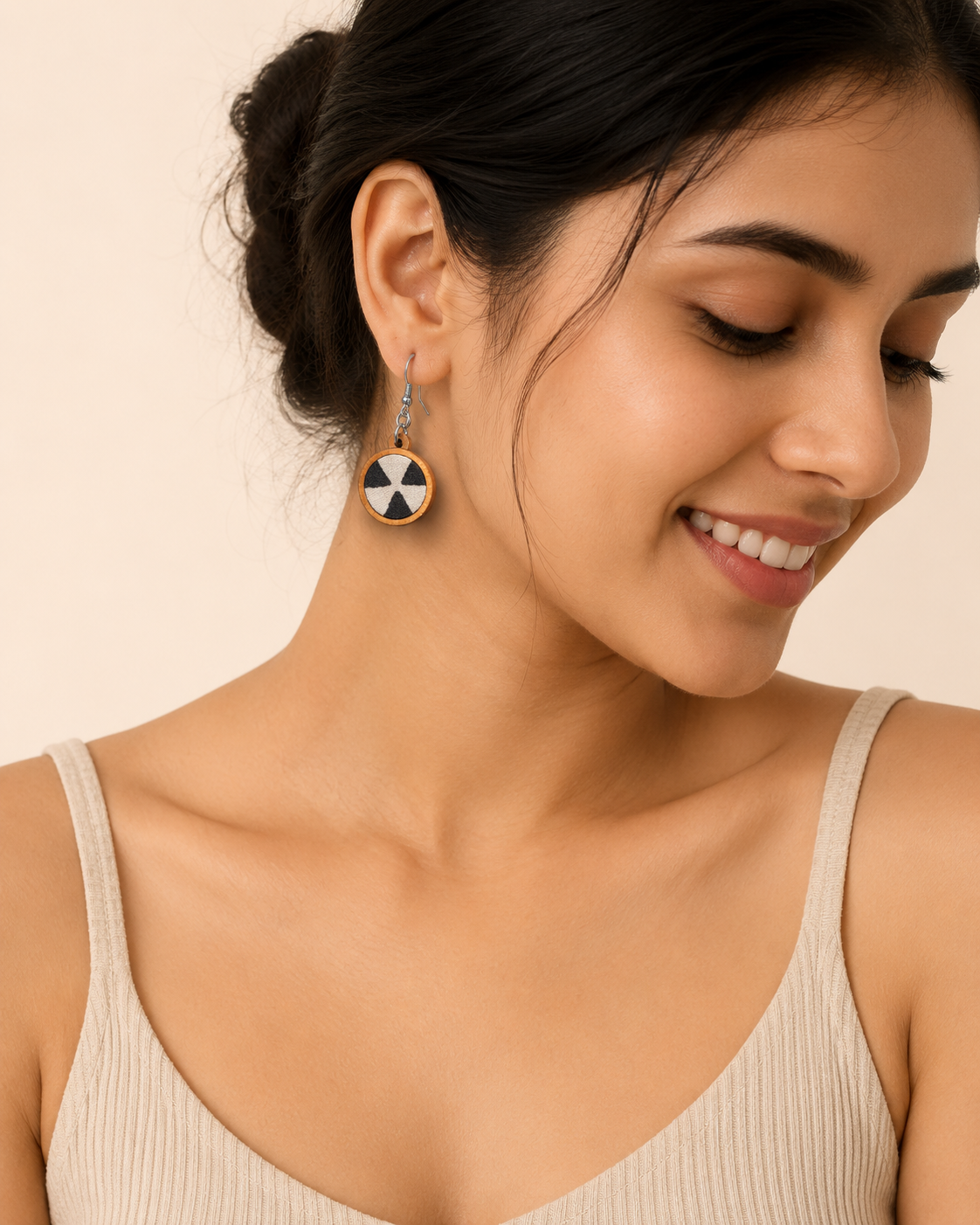 WHE Black and Beige Fabric and Repurposed Wood Earrings