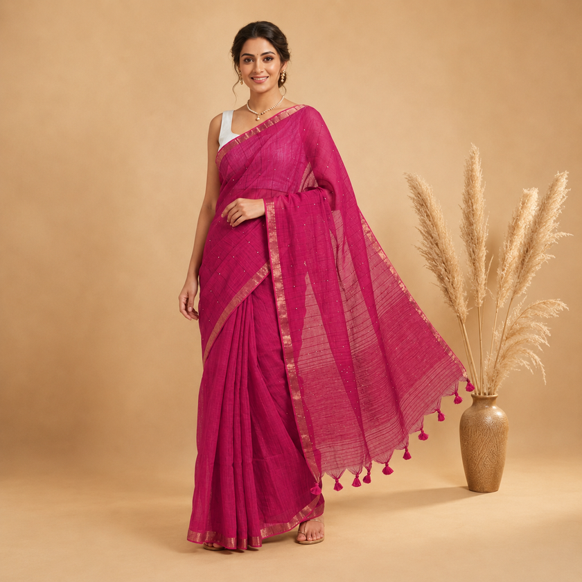 Pink Handloom Sequins Jamdani Mul Cotton Saree