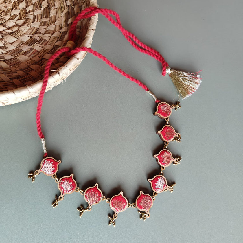WHE Red Brocade Festive Repurposed Fabric and Wood Choker