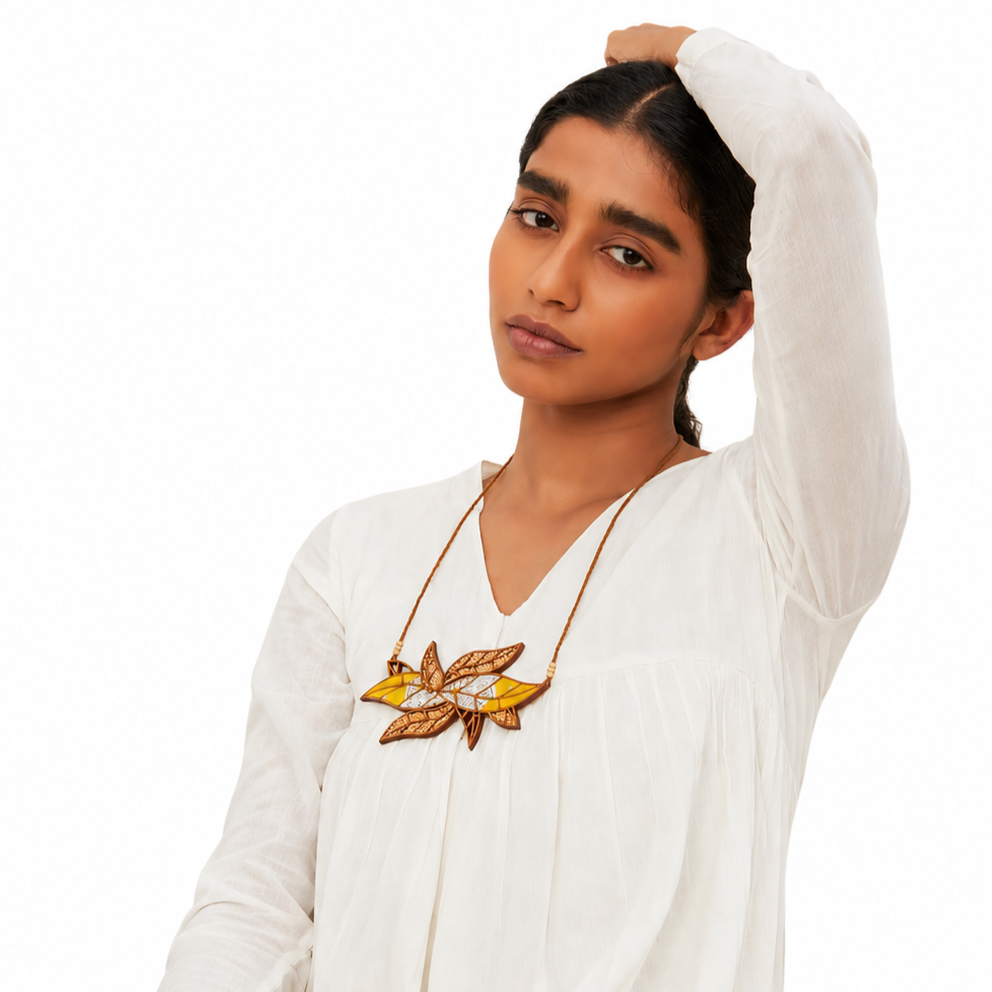 WHE Yellow Bloom Leaf Motif Repurposed Fabric and Wood Necklace