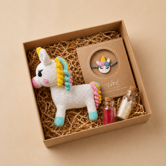 Whe Handmade Crochet Unicorn Rakhi Gift Set